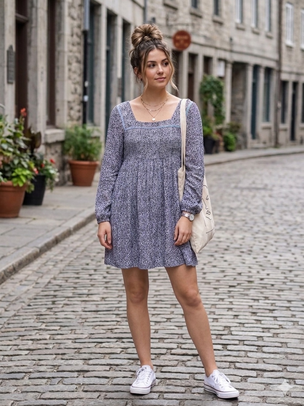 Coastal Festival Blue/Lavender/Natural Smocked Babydoll Square Neck Mini Dress